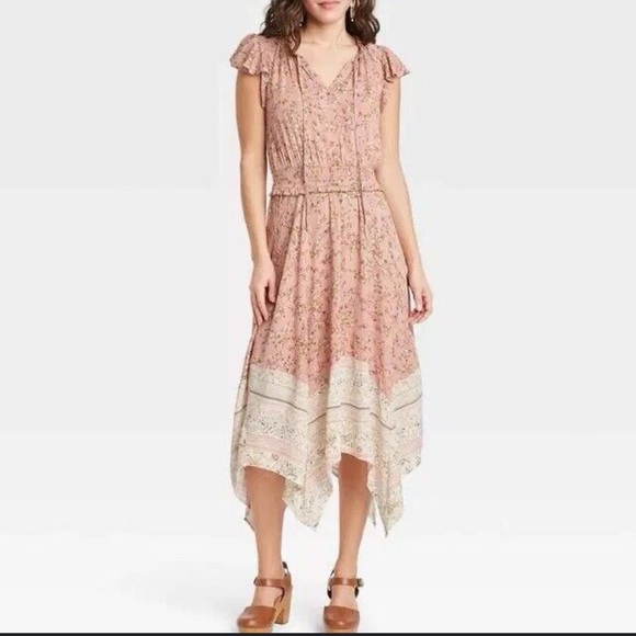 Knox Rose pink floral handkerchief hem flutter sleeve midi dress size small J3 - Picture 1 of 5